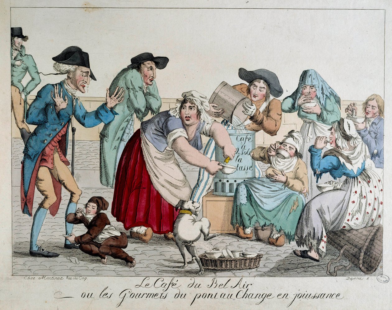 Caféen du Bel Air eller gourmeterne i Pont au Change nyder pariserne uden penge at drikke kaffe har koppen for en adeligs skræmte øjne. Anonymt 1700-tals tryk. Paris, Musée Carnavalet af French School
