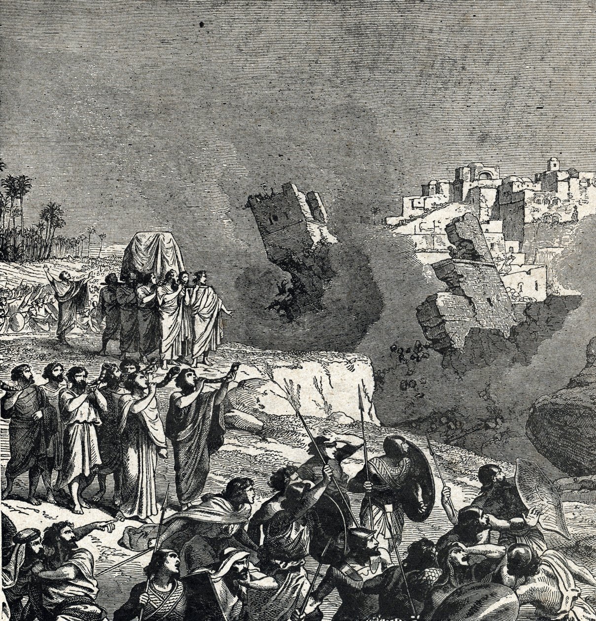 Erobringen af Jeriko, hvor Israels folk får deres trompeter til at lyde under bymurene, hvis adgang er forbudt for dem, Ce son fait fait les murs de la ville (Slaget ved Jeriko, israelitternes første slag i deres erobring af af French School