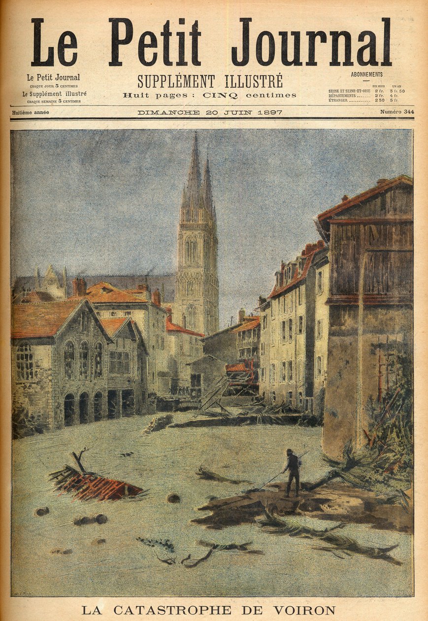 Katastrofen (oversvømmelsen) af landsbyen Voiron (Isère) Frankrig i ”Le Petit Journal”, 20. juni 1897 (gravering) af French School