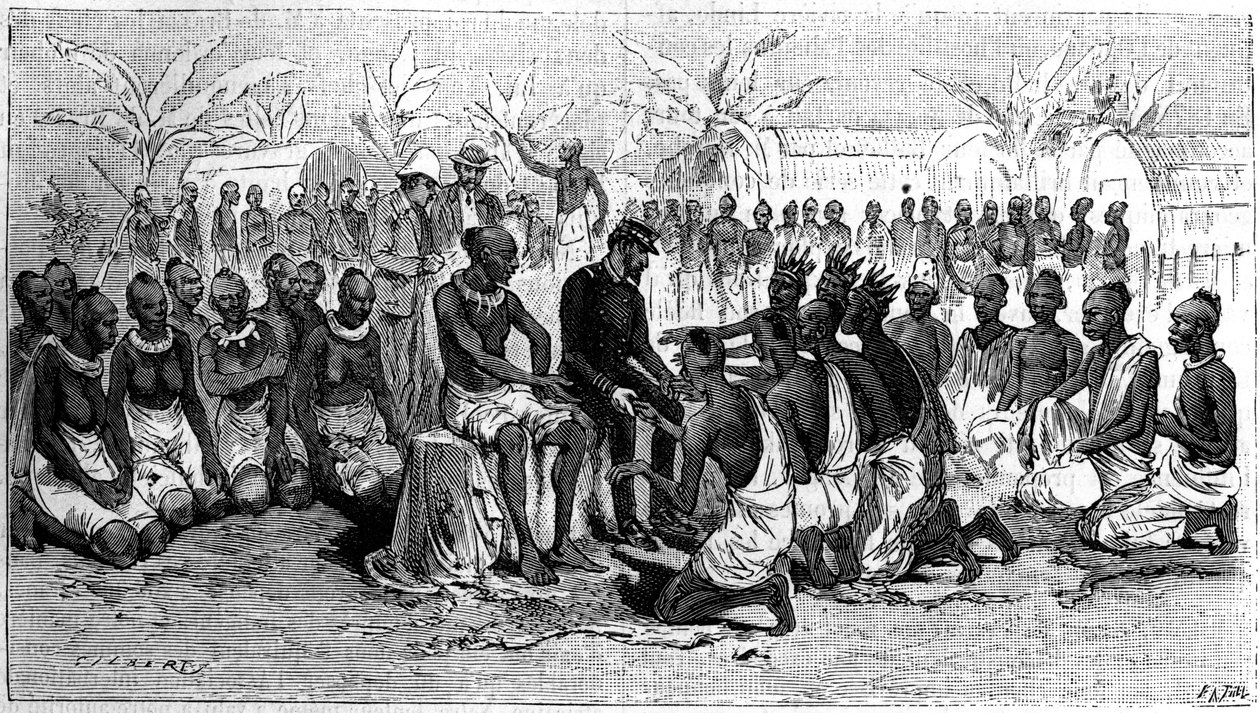 Høvdingene fra Congos kyster lægger deres hænder i opdagelsesrejsende Pierre Savorgnan de Brazzas (1852-1905) hænder i tegn på opgivelse af deres territorier. Indgravering i "" La Nature. Revue des sciences et de ses applications aux arts et a l