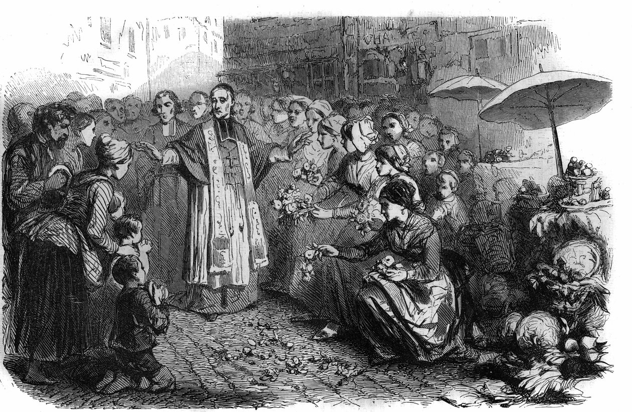 Koleraen i Rom: Pave Gregoire XVI (1765-1846) beordrede processioner, røverier og velsignelser for at stoppe koleramarchen. Indgravering i "Histoire des Papes-Rois-Queen and Empereurs a travers les centuries"" af Maurice Lachatre af French School
