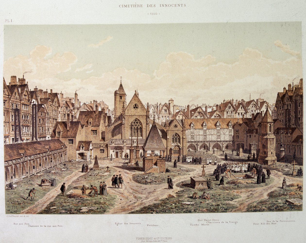 De uskyldiges kirke og kirkegård i 1550 - i "Paris a travers les ages", slutningen af det 19. århundrede. af French School