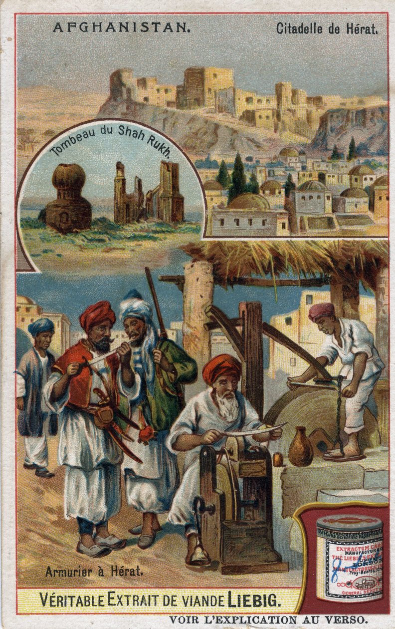 Byen og rustningsmændene i byen Herat i Afghanistan og Shah Rukhs grav. Kromolitografi af det 19. århundrede. af French School