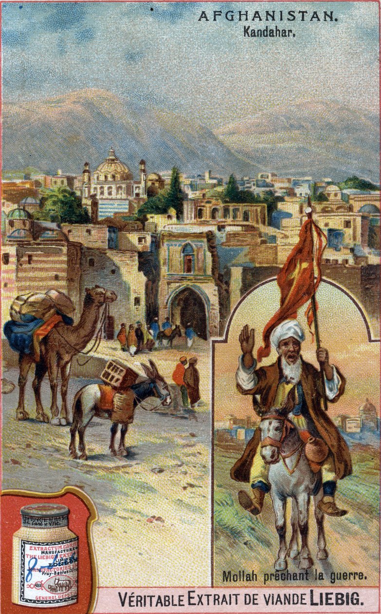 Byen Kandahar i Afghanistan med Mullah, der prædiker krig. Reklamekromolitografi fra det 19. århundrede. af French School