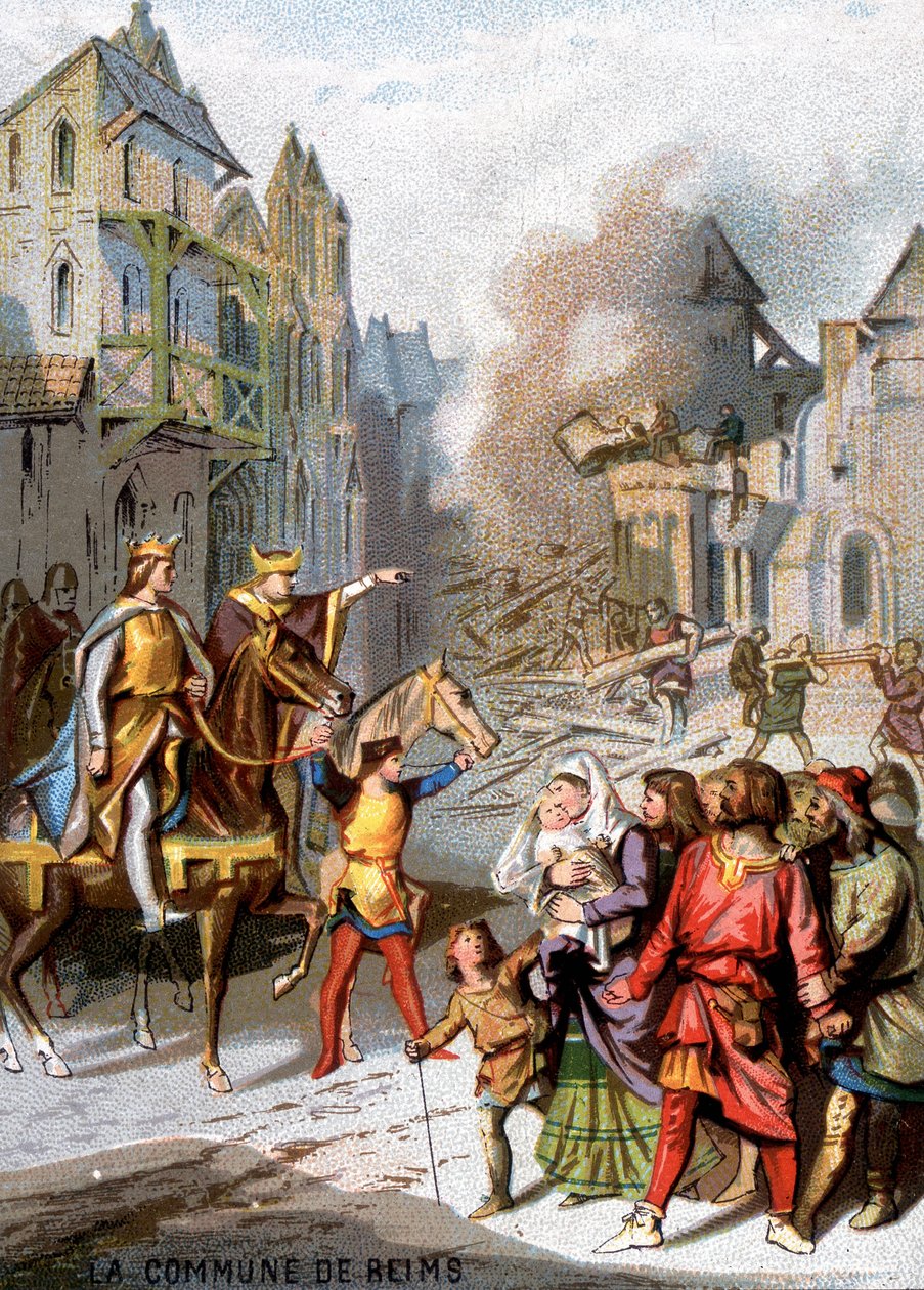 Kommunen Reims (1160) - Repressalier af Ludvig VII for at ødelægge de kommunale friheder for borgerskabet i Reims. Chromolithography of the Series "" Patriotic Education through Image "". af French School