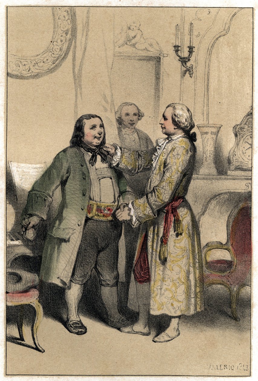 Komponisten Joseph Haydn modtog en mand, der kom for at bede ham om at komponere en menuet til hans datters bryllup. Plade taget fra "" Scenes de la vie des hommes famous""" gravering i to nuancer af Valerio. 1843. af French School