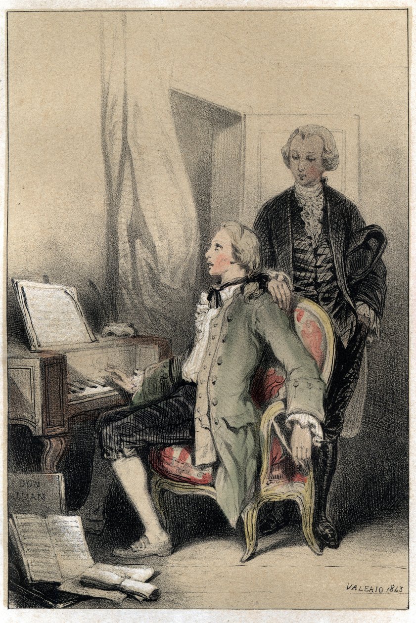Komponisten Wolfgang Amadeus Mozart (1756-1791) komponerer requiem. Plade taget fra "" Scenes de la vie des hommes famous""" gravering i to nuancer af Valerio. 1843. af French School