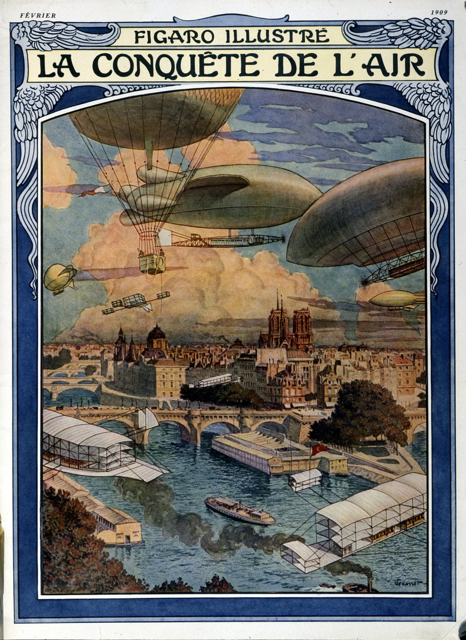 Luftens erobring: luftskib, ballon og varmluftsballon over Paris - forside i Figaro Illustrated fra februar 1909 af French School