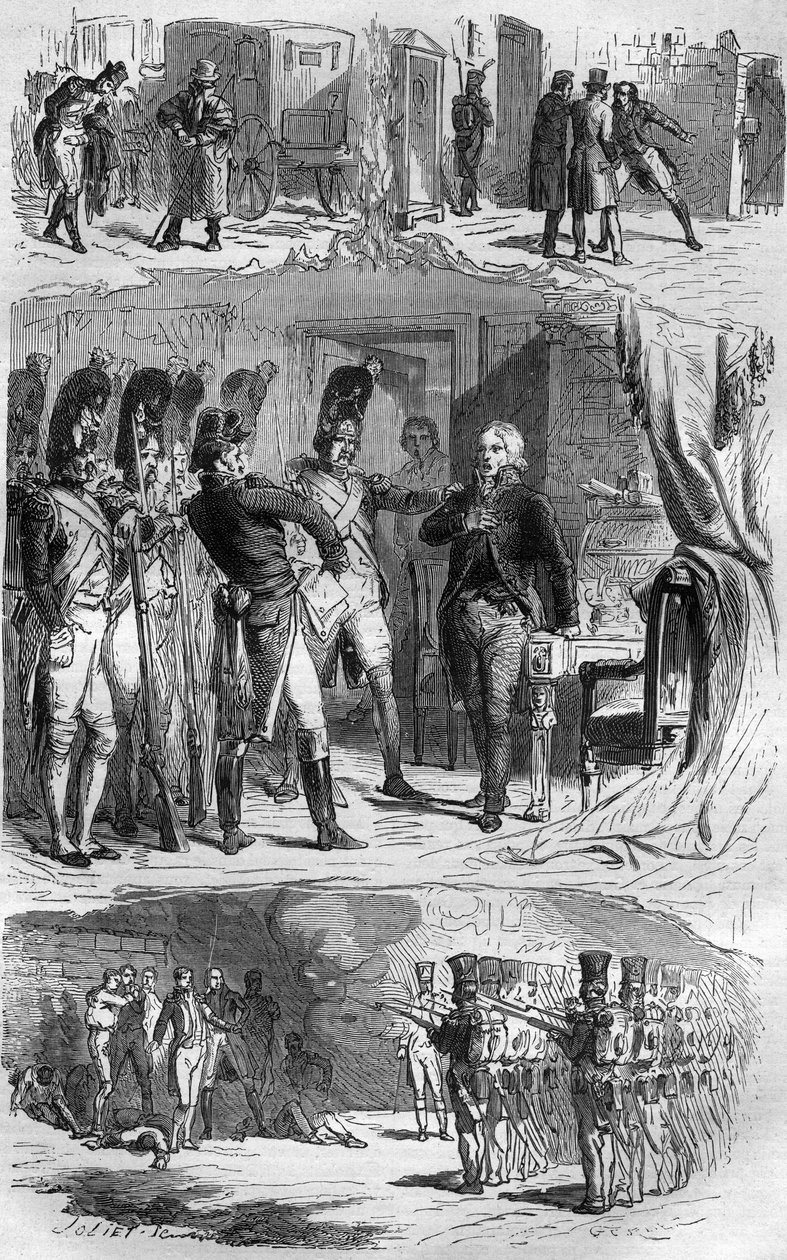 Sammensværgelsen af ​​Claude Francois de Malet (Claude-Francois Malet) (1754-1812) general fra Empire, forfatter til kuppet mod Napoleon i 1812, under det russiske tilbagetog. Indgravering i "Historien om paver-konger-dronninger og kejsere gennem århundred af French School
