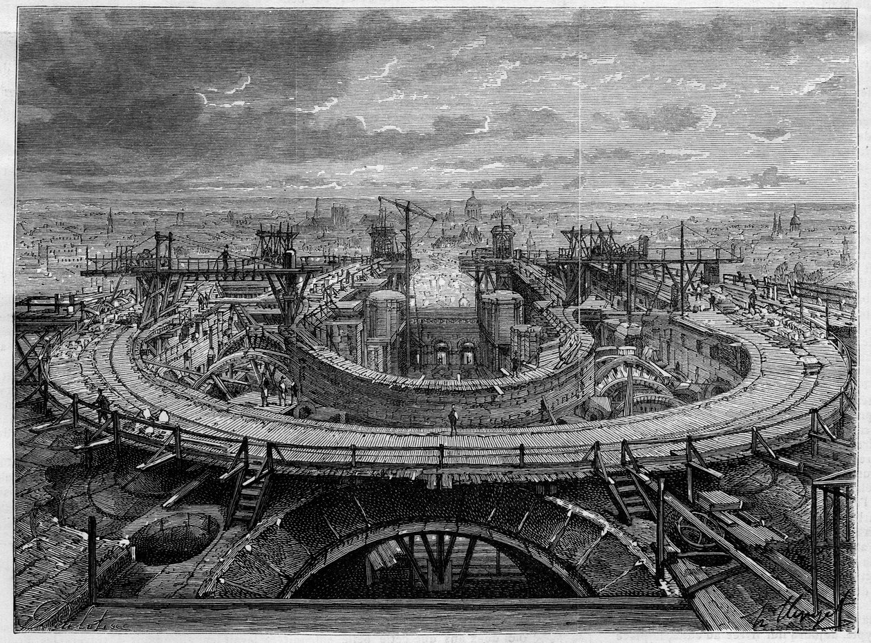 Byggepladsen for kirken Sacre Coeur i Montmartre i 1886, I "The Illustrous World". af French School