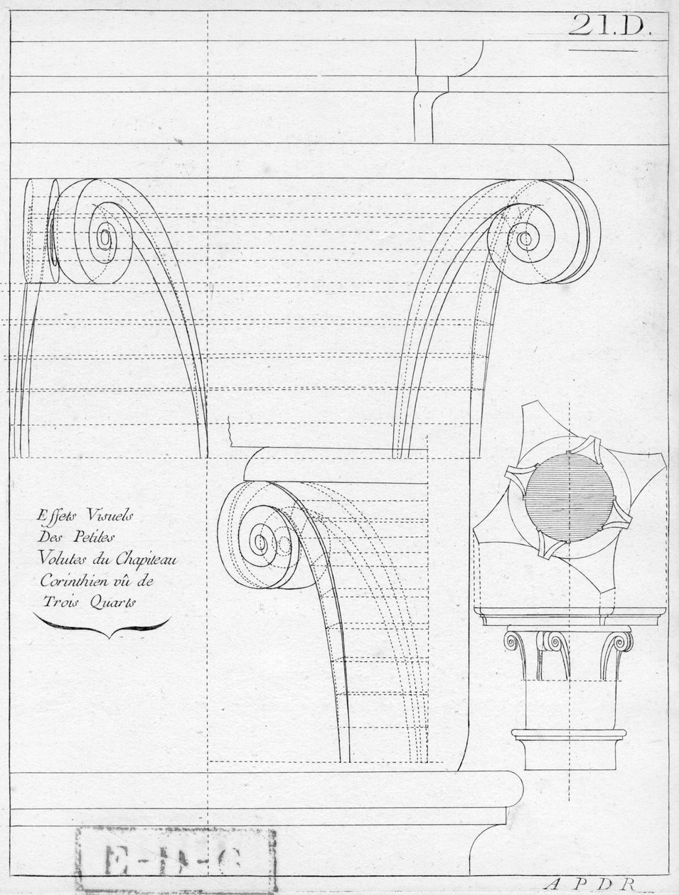 Den korintiske hovedstad, illustration fra en bog om geometri, det 18. eller 19. århundrede, udgivet Avec Privilege du Roy et E.. du Gouvernement af French School