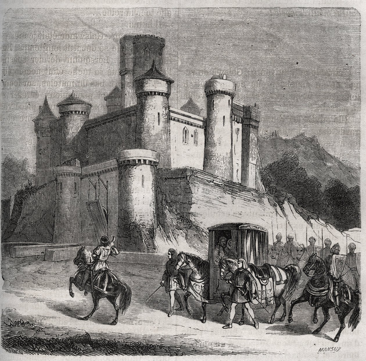 Cortegen i Rigonde (Rigonthe) (omkring 569-efter 589) forlader Paris for at gå til sin forlovede, prins Recarede. Indgravering fra 1871 i "Histoire Des Cocus Celebres"" af Henry de Kock (1819-1892). af French School