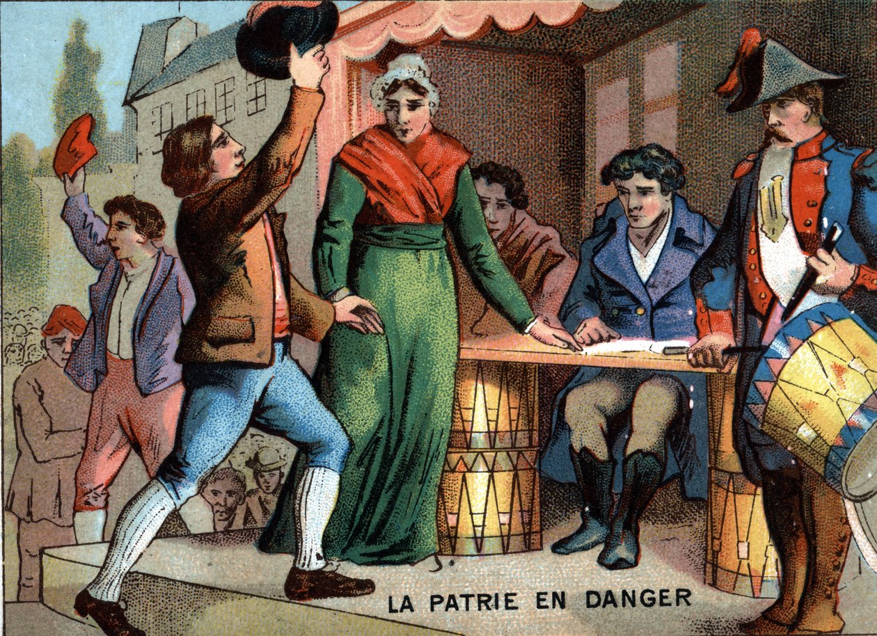 Landet i fare: "De frivillige fra 92". Chromolithography of the Series "" Patriotic Education through Image "". af French School