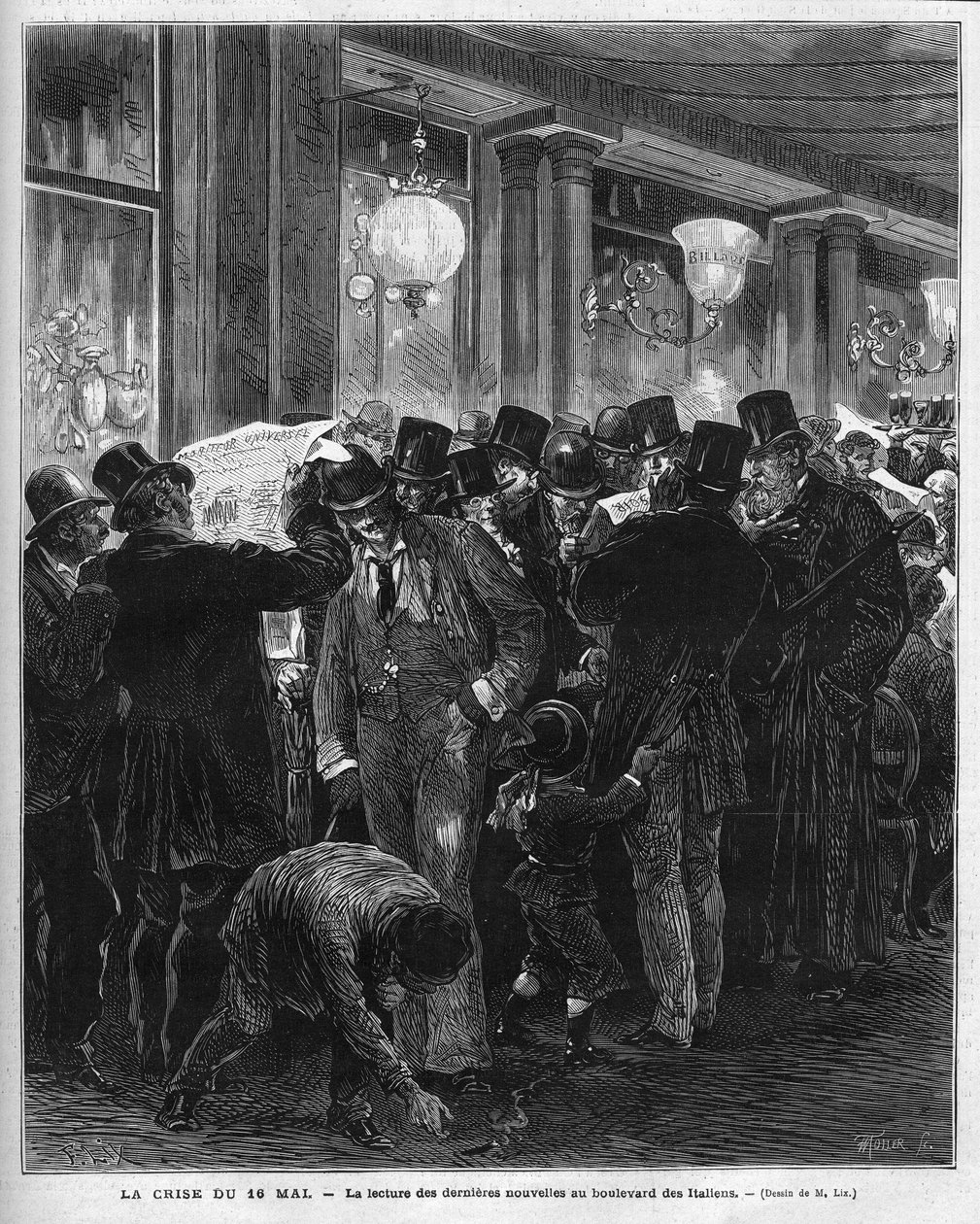 Krisen den 16. maj 1877: Læs de seneste nyheder på boulevard des Italians i Paris. Denne franske politiske krise er resultatet af brevet fra Mac Mahon (Mac-Mahon), der kritiserer holdningen hos rådsformand Jules Simon, som til sidst vil genoptage af French School