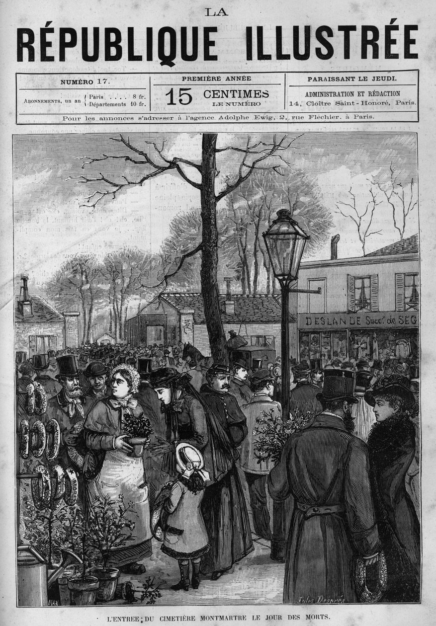 Menneskemængden foran indgangen til Montmartre-kirkegården i Paris på de dødes dag (Toussaint). En avis. Indgravering fra 1880 i "La republique illustree"" privatsamling. af French School