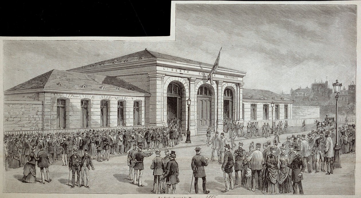 Menneskemængden foran lighuset i Paris i 1886. af French School