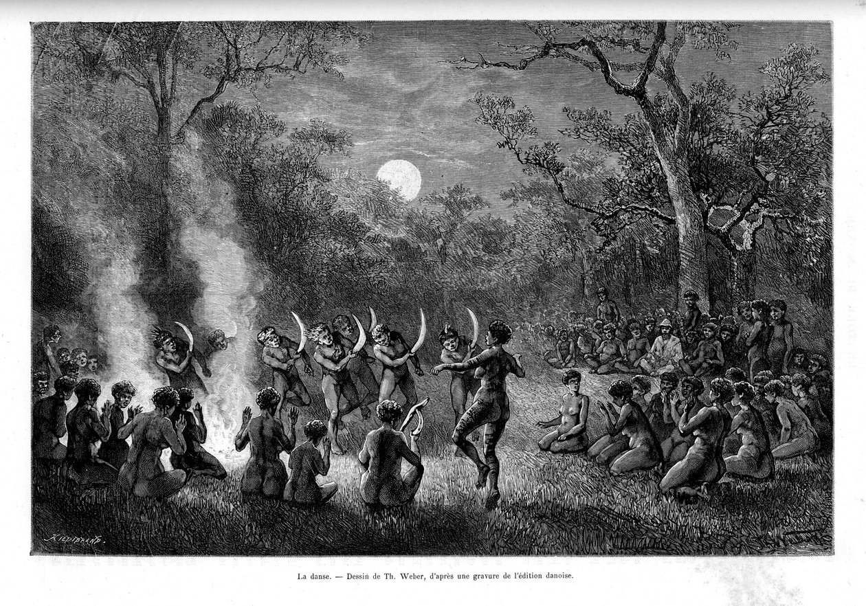 Bumerangdansen omkring ild blandt de aboriginale i Australien - i "Tour du Monde"" af French School