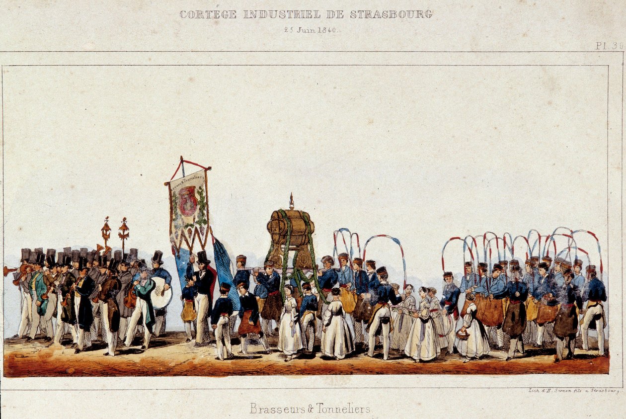 Bryggernes og bødkernes dans under industrikortege i Strasbourg den 25/06/1840. Litografi af Simon af French School