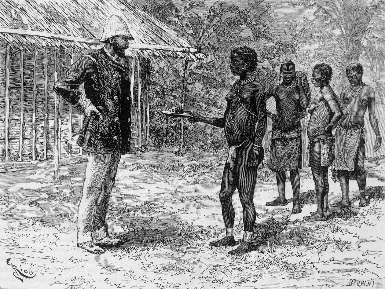 Libossis datter overrækker M. de Brazza et fad med larver - i "" Tour du Monde"", 2. uge 1888 af French School