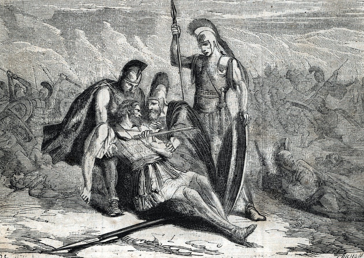 Epaminondas død (418-362 f.Kr.) - (gravering) 1864 af French School