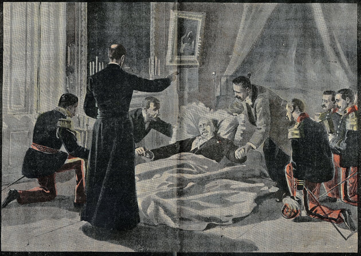 Døden af Felix Faure (1841-1899), Frankrigs præsident, Abbe Renault gav ham syndsforladelsen. Indgravering i "" Le Pelerin"" 26/02/1899. af French School