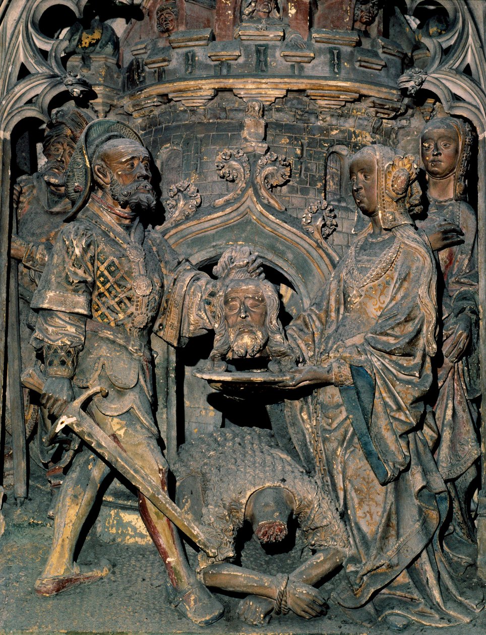 Johannes Døberens død Johannes Døberens hoved er placeret på et plateau, som Salome præsenterer for sin mor. Udskåret relief af Cathedrale Notre-Dame d