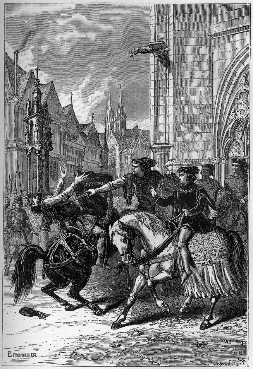 Wat Tylers død i Smithfield, London, i 1381 under bondeoprøret - Death of Wat (eller Walter) Tyler, engelsk revolutionær, i Smithfield, under bondeoprøret, London af French School