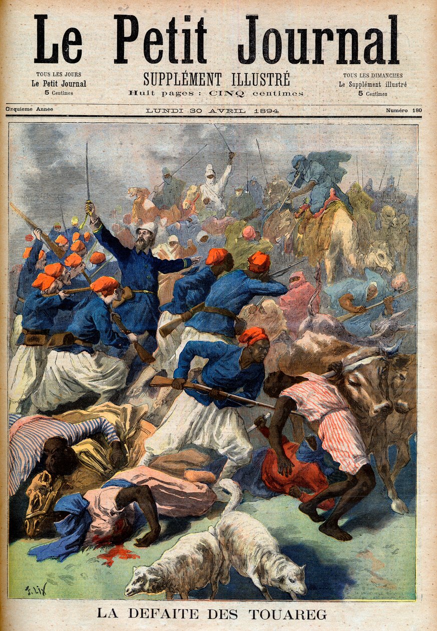 Tuaregernes nederlag. Franske kolonitropper under kommando af oberstløjtnant Joseph Joffre (1852-1931) - Touaregernes nederlag. Illustration til Le Petit Journal, 30. april 1894 (gravering) af French School