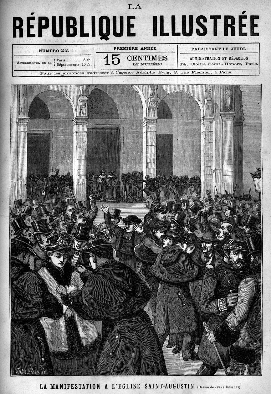 Demonstrationen ved Saint Augustine-kirken (Saint-Augustine) i Paris: ophedet mellem det parisiske politi og demonstranter, der er fjendtlige over for dekreterne fra marts 1880, som Jules Ferry tog imod, der fjerner retten til at undervise uautoriserede re af French School