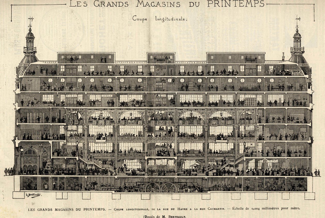 Varehusene i Printemps i 1889, længdesnit, fra Rue du Havre til Rue Caumartin, tegning af Berteault, Bianchetti-samling. af French School