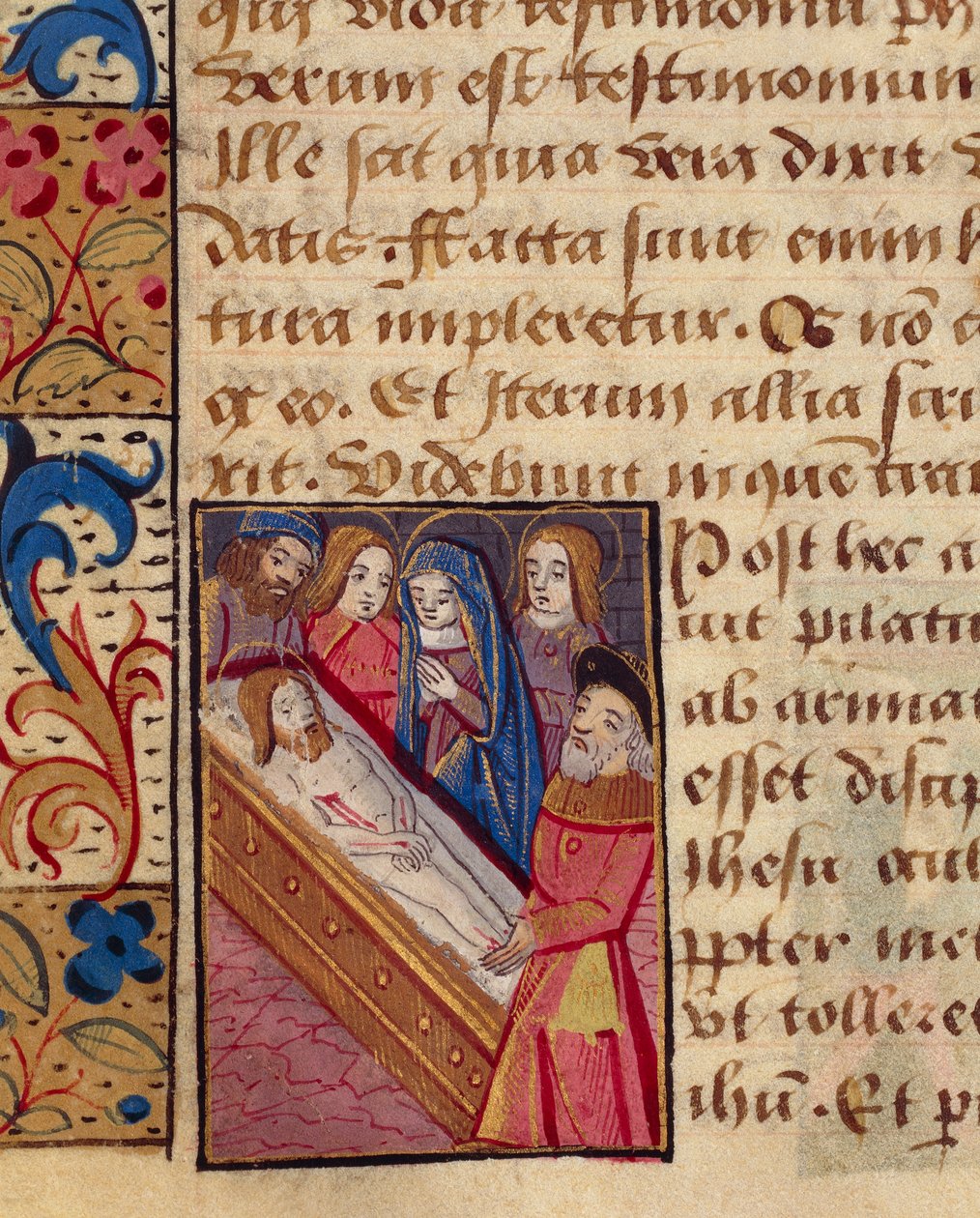 Aflejringen af Kristus i graven, miniature fra Timebogen (Brug af Poitiers), latinsk og fransk manuskript illustreret af elev af Robinet Testard, manuskript 1097 folio 80 verso, Frankrig slutningen af det 15. århundrede. af French School