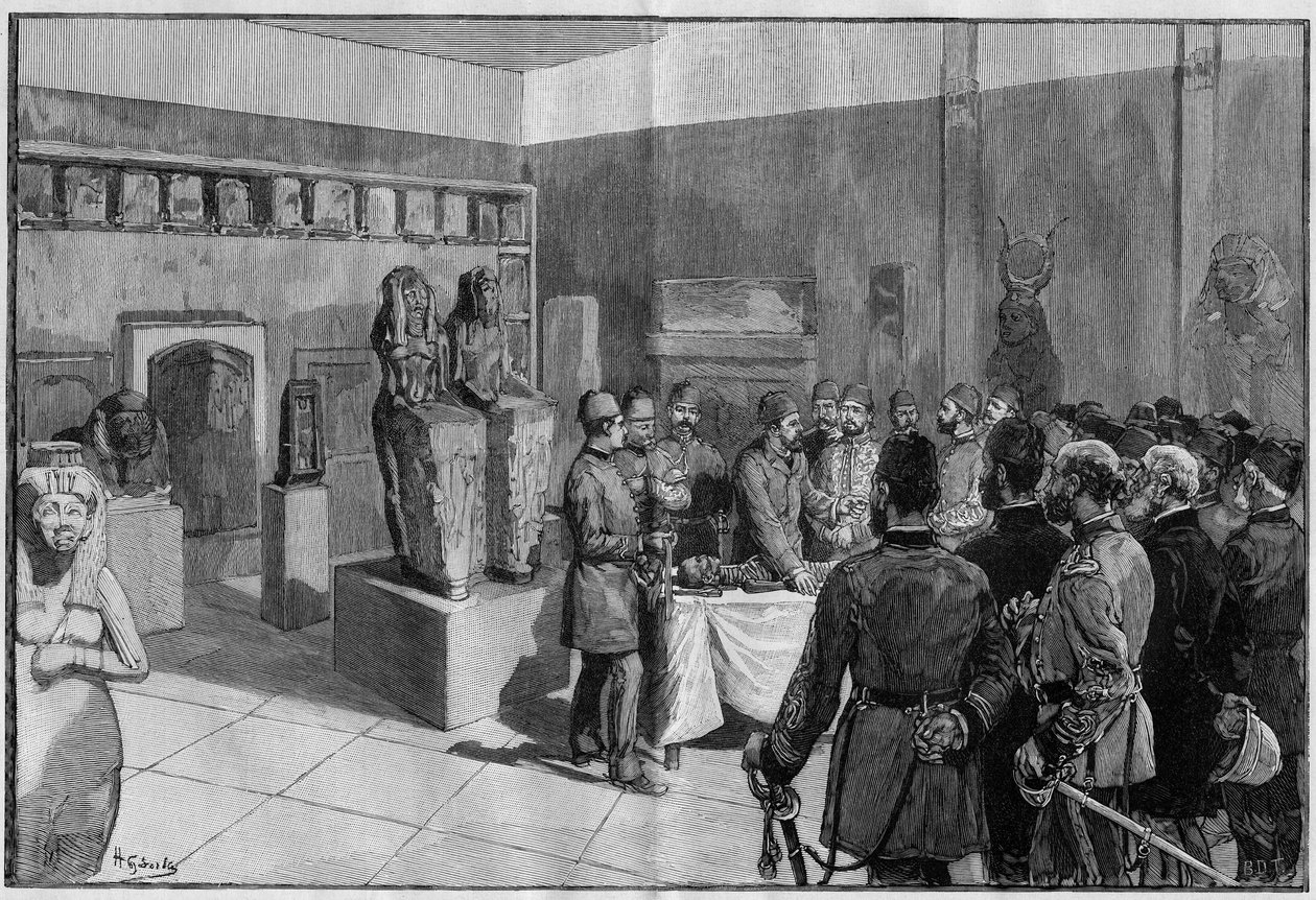 Depoument af Mumien af Sesostris (Rhamses II) på Musee de Boulaq (Kairo, Egypten) af Gaston Maspero i nærværelse af khedive Tewfik. Indgravering i "The Illustrous World"" 1886. af French School