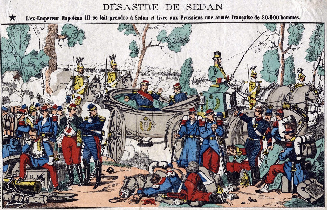 Katastrofen i Sedan; eks-kejser Napoleon III bliver fanget i Sedan og leverer til preusserne en fransk hær på 80.000 mand, billede af en spinal fra det 19. århundrede. af French School