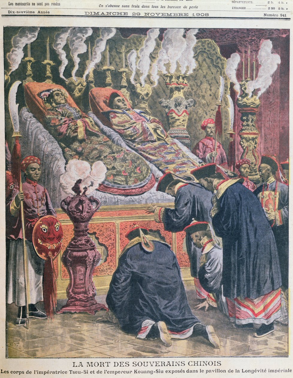 Udstilling af ligene af kejser Kouang-Siu (1872-1908) og hans tante, kejserinden Tseu-Hi (1835-1908) i pavillonen af kejserlig lang levetid, illustration fra Le Petit Journal 1908 (farve lith) af French School