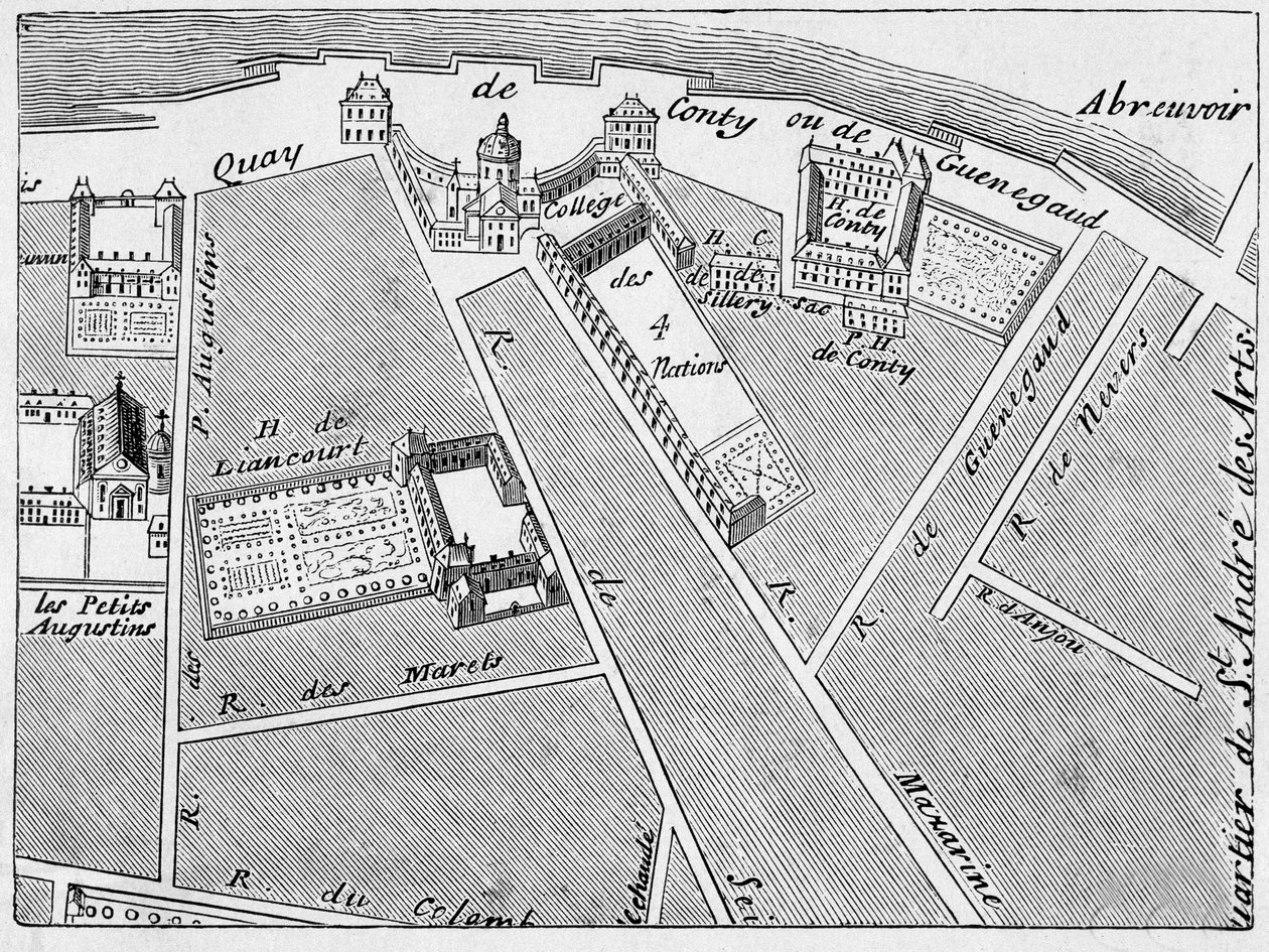 Distriktet for College des Quatre Nations (Fire Nationer) og hotellet Conti-Fac-Simile i planen for J. de la Caille af French School