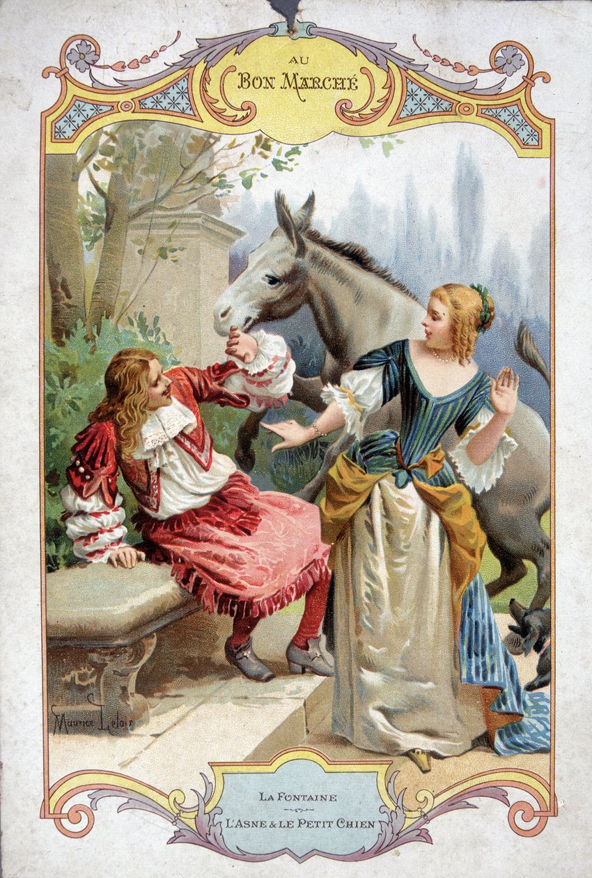 Æslet og den lille hund (Fable de La Fontaine) - Bon Marché reklameklistermærke af French School