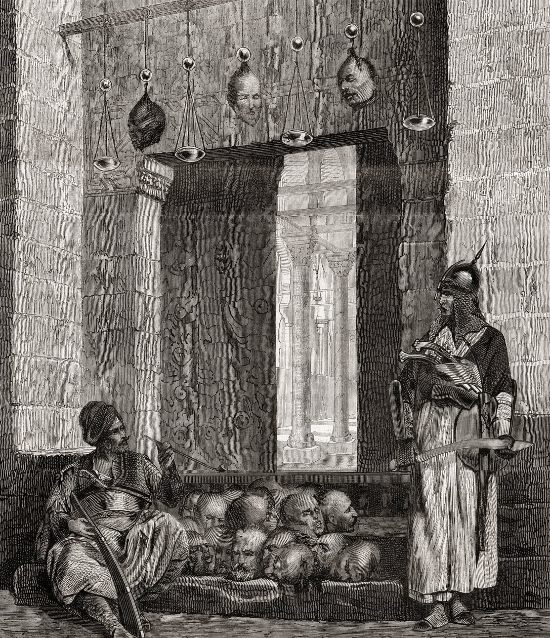 Døråbningen til moskeen El Assaneyn i Kairo, Egypten, fra "L"Univers Illustré", 1866 af French School