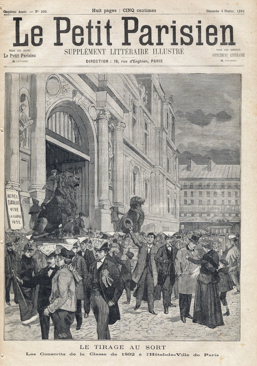 Lodtrækningen: de værnepligtige af 1892-klassen ved Paris Rådhus. En af avisen "Le petit Parisien"" den 5/02/1893 (gravering) af French School