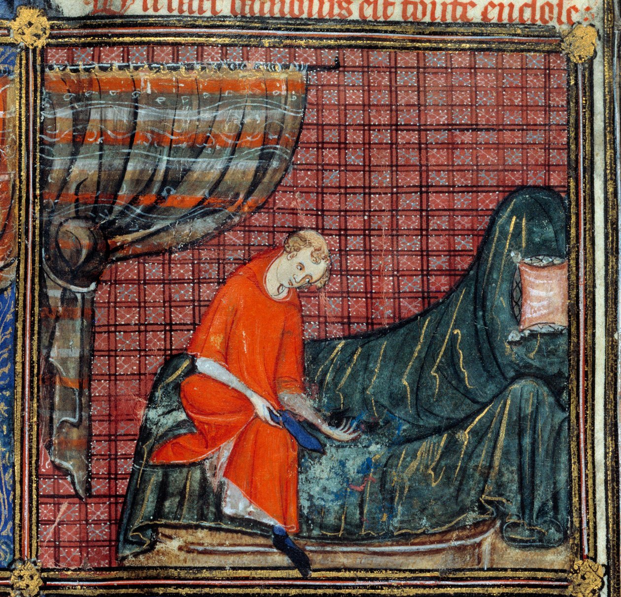 Drømmen, detaljen: The Lover kjoler. Miniature i "" Roman de la rose"" af Jean de Meun, Jean de Meung eller Jean Chopinel, Jean Clopinel (v.1240-1305), ca. 1370. Chantilly, Musee Conde af French School