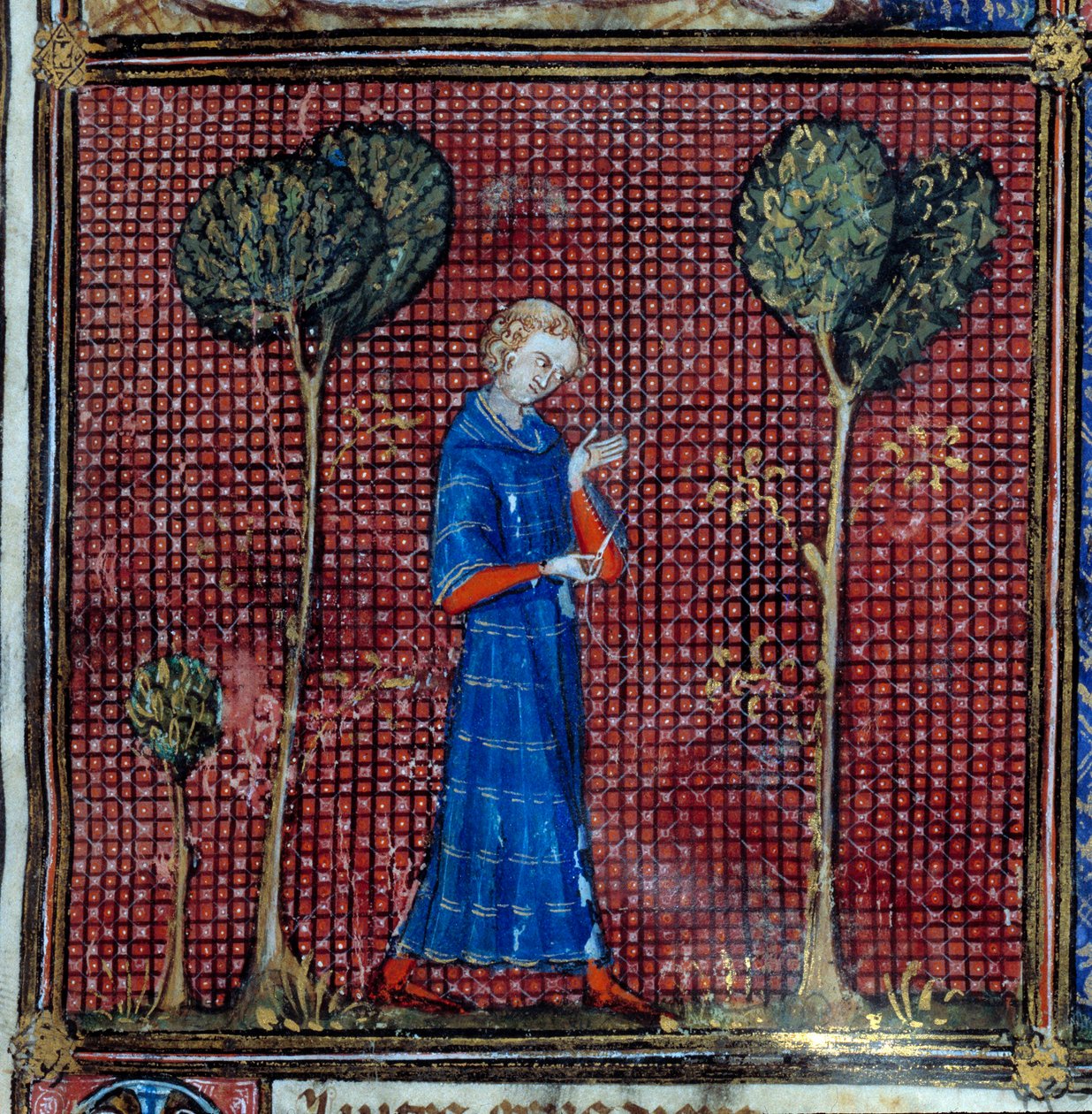 Drømmen, detalje: Den elskende syr ærmet på sin skjorte. Miniature i "Roman de la rose" af Jean de Meun, Jean de Meung eller Jean Chopinel, Jean Clopinel (v.1240-1305), ca. 1370. Chantilly, Musee Conde af French School