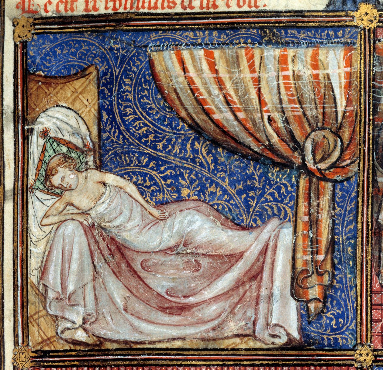 Drømmen, detalje: Den sovende elsker. Miniature i "Le Roman de la rose" af Jean de Meun, Jean de Meung eller Jean Chopinel, Jean Clopinel (v.1240-1305), ca. 1370. Chantilly, Musee Conde af French School