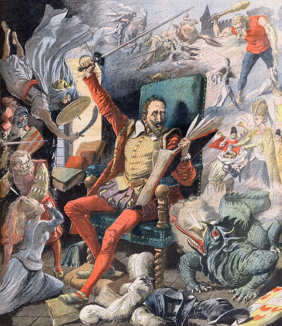 Drømmen om Don Quixote. Le Reve de Don Quixote (Miguel De Cervantes) - Illustration til Le petit Journal, 21. maj 1905. af French School