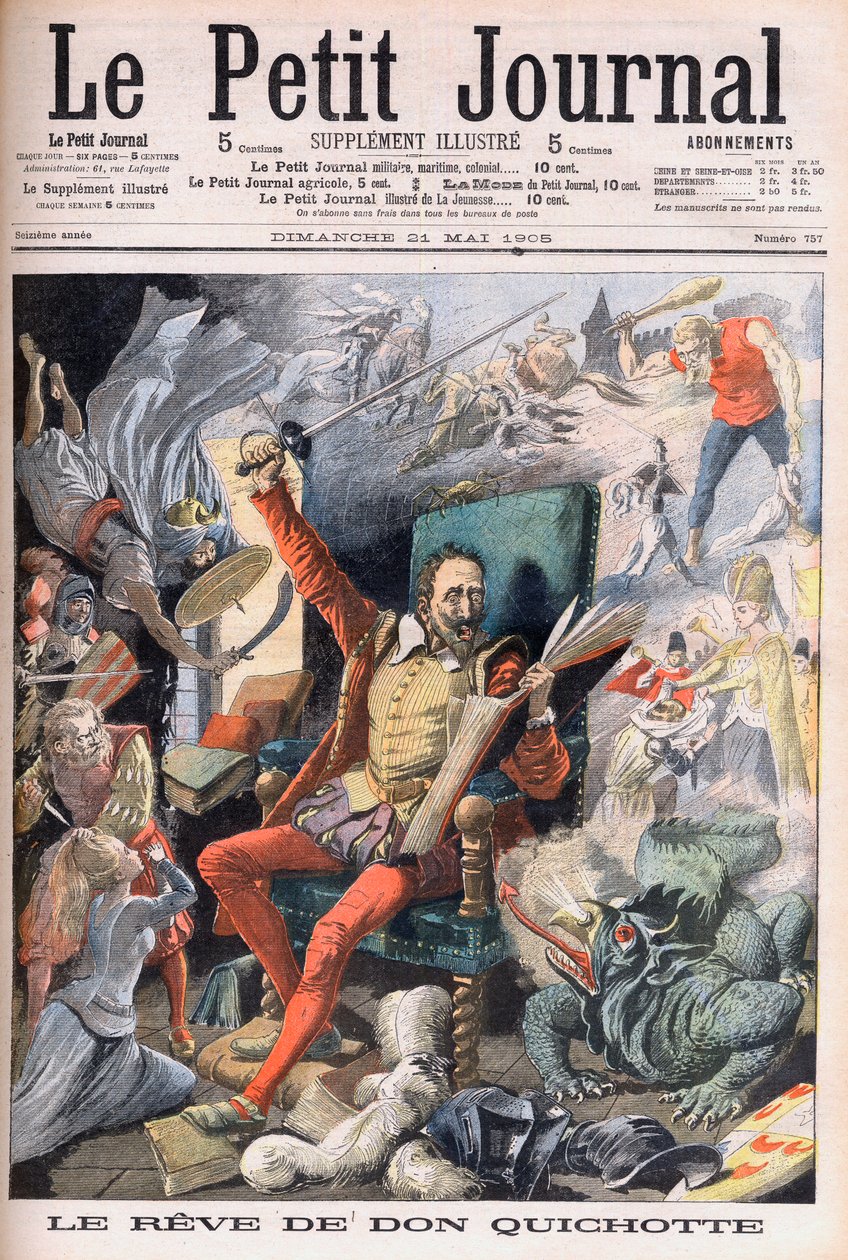 Drømmen om Don Quixote. Le Reve de Don Quixote (Miguel De Cervantes) - Illustration til Le petit Journal, 21. maj 1905. af French School