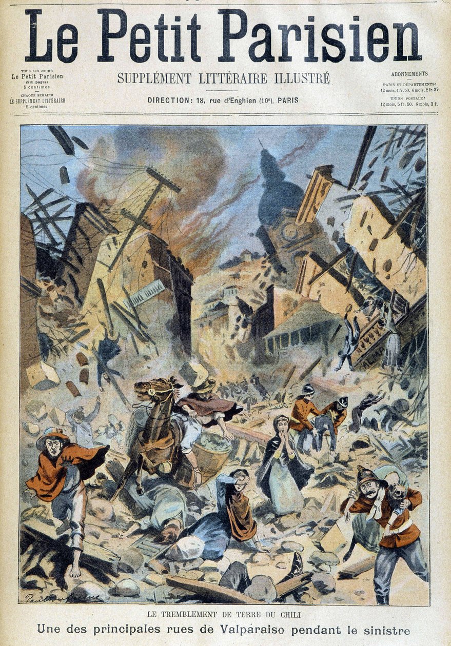 Jordskælvet i Chile: Valparaiso under katastrofen - i "" The Little Parisian"" af 09/09/1908 af French School