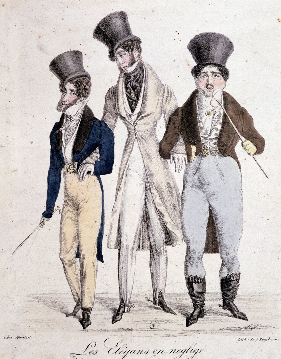 Den elegante i vanrøgt, tre hjem i jakkesæt - litho af French School