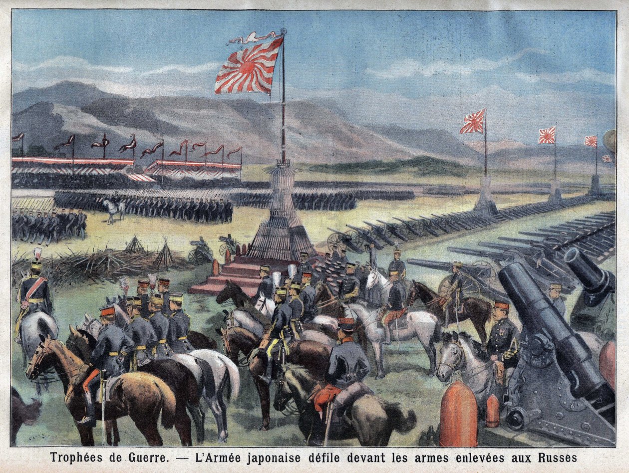 Afslutningen på den japanske Russo-konflikt, Japans sejrrige hær sidder foran den russiske våbenovertagelse, i "Le Petit Parisien", den 24/06/1906 (gravering) af French School