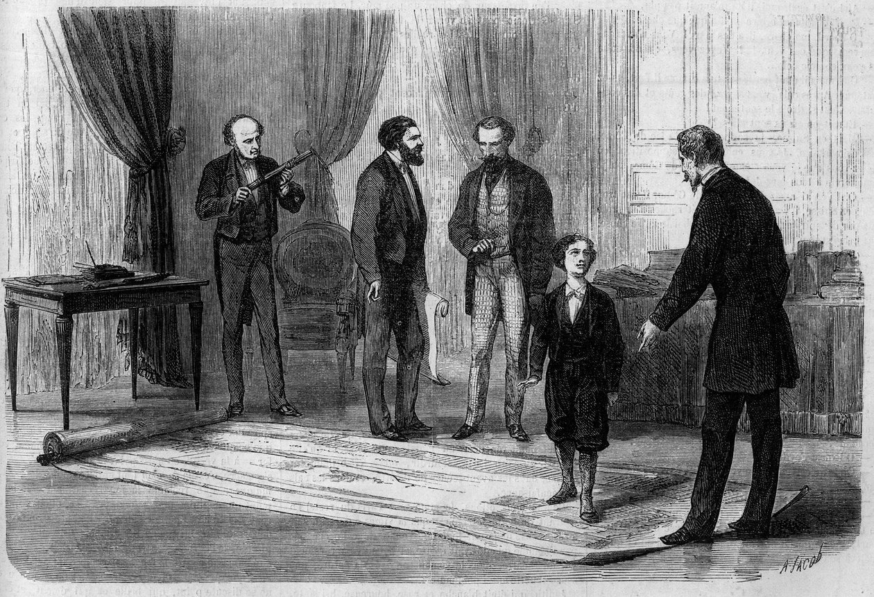 Ingeniøren Boutet præsenterede sin plan for en jernbanebro mellem Frankrig og England for kejser Napoleon III (1808-1873), i nærværelse af hans søn Prince Imperial (1856-1879) af French School