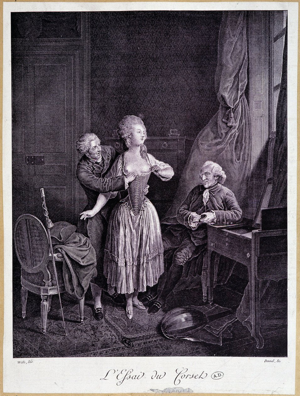 Essayet om korsettet (to mænd og en kvinde med strippede bryster) - 18. gravering. af French School