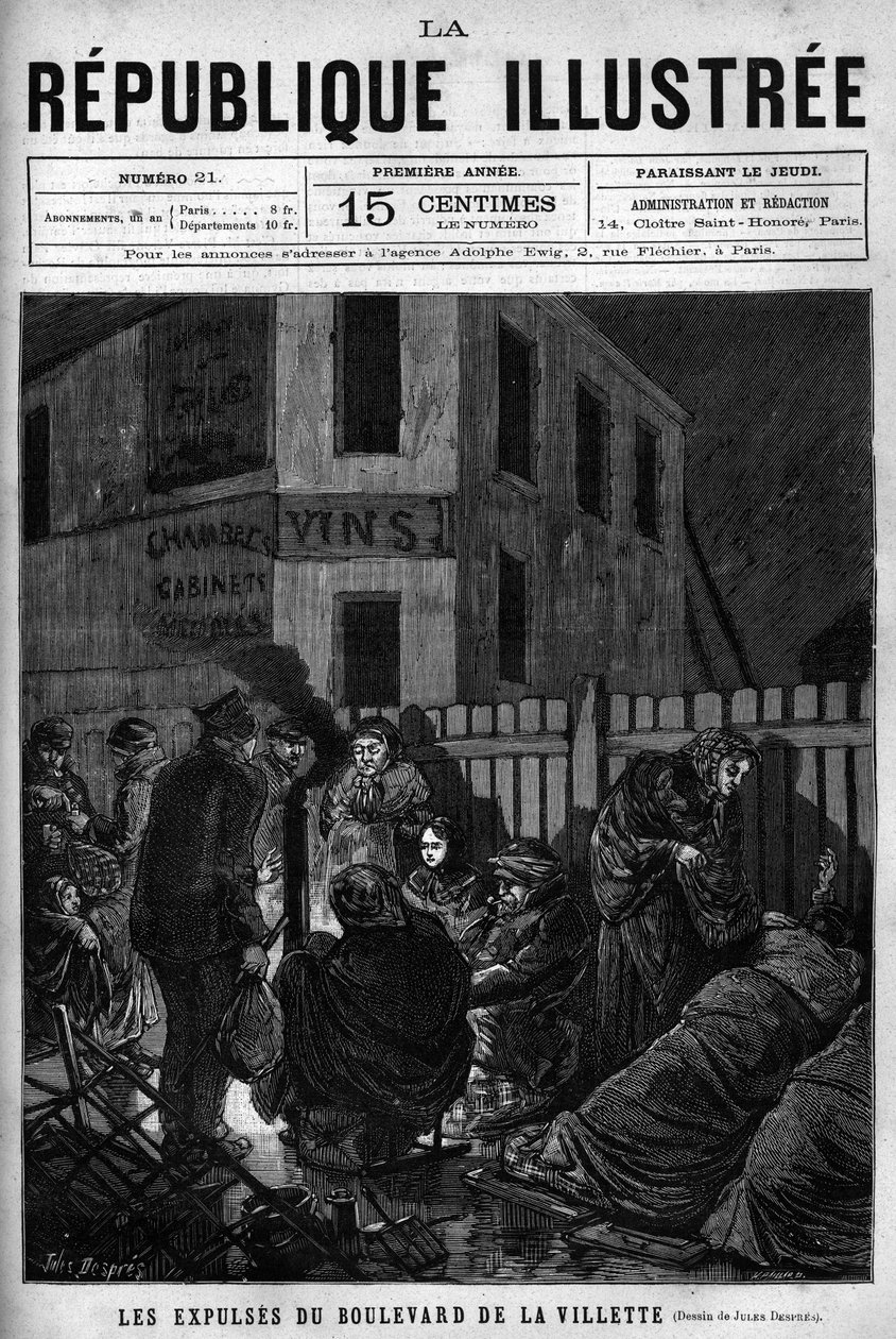 Udsættelserne af Boulevard de la Villette: arbejdere, der er udvist fra en parisisk by, skal sove på gaden (S.D.F.). En avis. Indgravering fra 1880 i "La republique illustree"" privatsamling. af French School