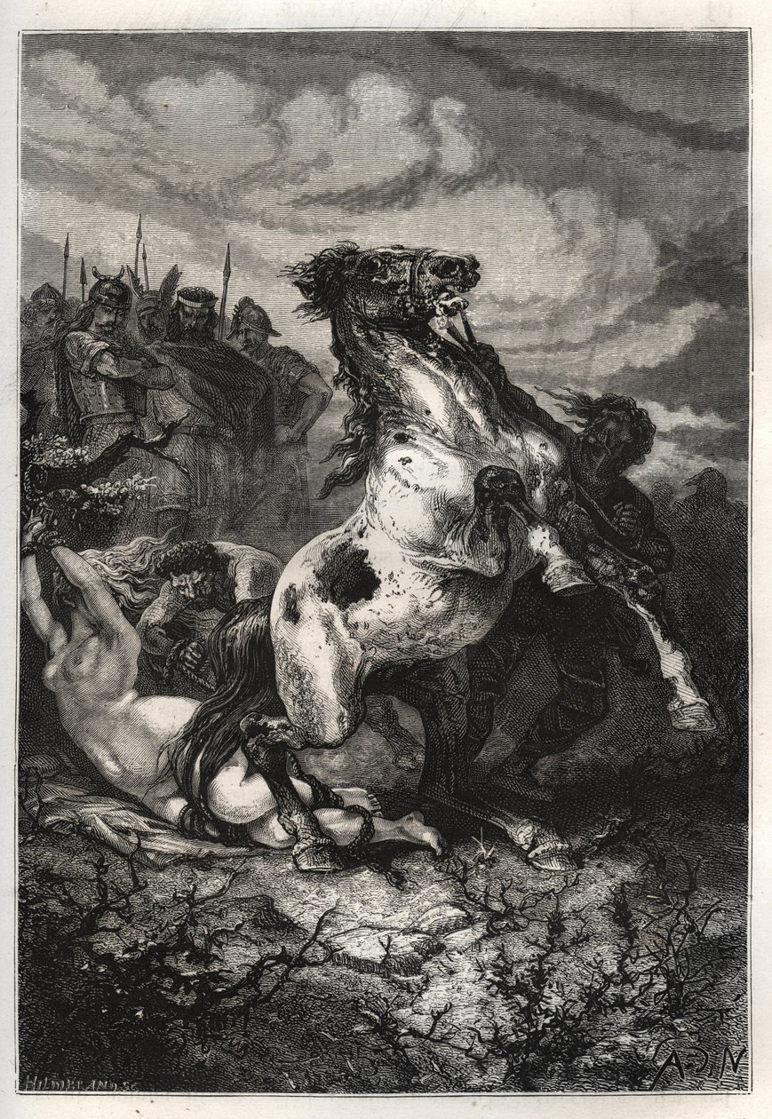 Henrettelsen af ​​Brunhilda af Austrasia af Chlothar II, 613 - Brunehauts (eller Brunehildes) død beordret af Clotaire (Clothaire) II (613). gravering af French School